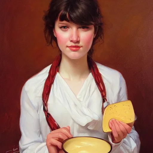 Image similar to cheese girl, oil on canvas, artstation, by J. C. Leyendecker and Edmund Blair Leighton and Charlie Bowater, octane