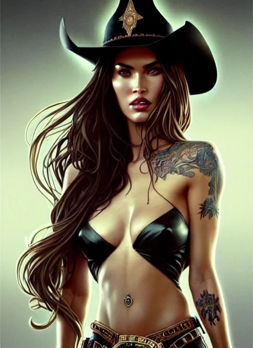 Image similar to symmetry!! portrait of megan fox as a cowgirl, horror, fashion, dark!! intricate, elegant, highly detailed, digital painting, artstation, concept art, smooth, sharp focus, illustration, art by artgerm and greg rutkowski and alphonse mucha