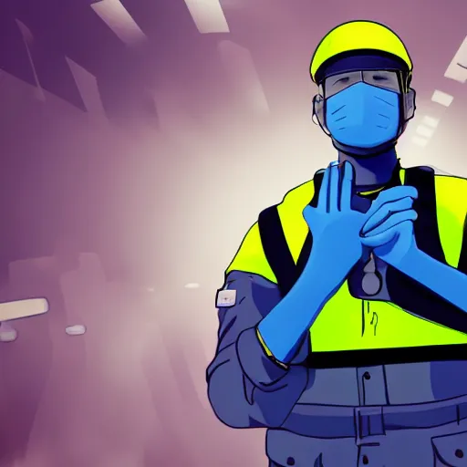 Image similar to A British police officer in London, wearing hivis and blue rubber gloves, anime art style, highly detailed, ambient lighting