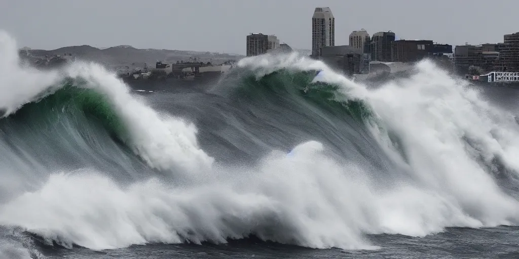 Image similar to tsunami over San Diego, Dramatic, realistic, perspective,