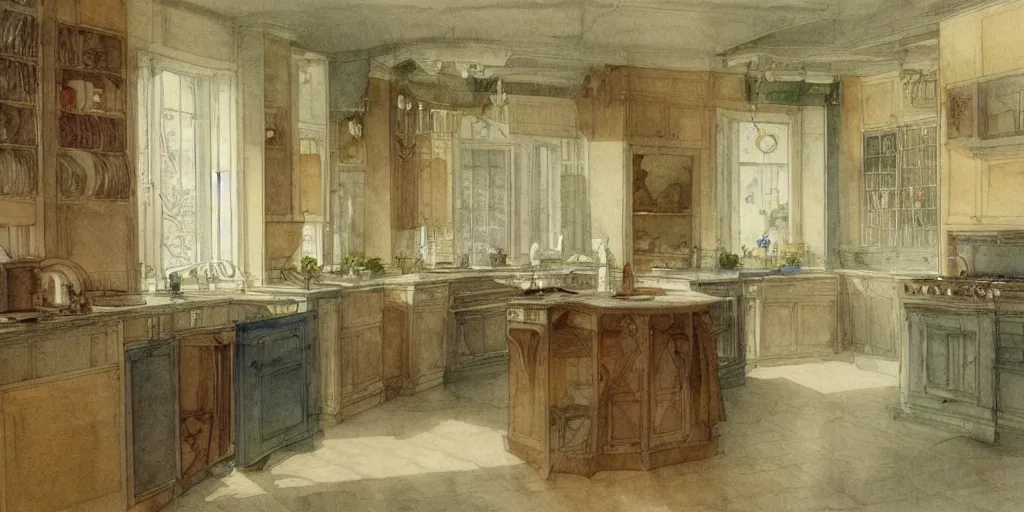 Prompt: a hiper intricate watercolor of a beatiful modern kitchen, extremely detailed, sharp focus, wide view, detailed rought paper, digital illustration, colorfull, by william turner art, by greg rutowski, by carl larson, by edmund dulac