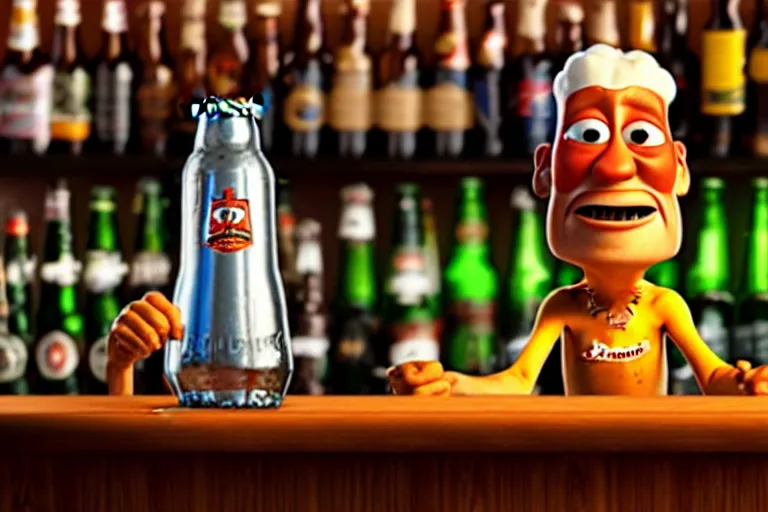 Image similar to a anthropomorphic bottle of beer standsin front of a bar yelling at the bar tender, pixar