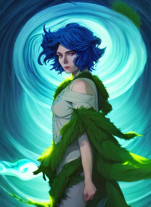 Image similar to style artgerm, joshua middleton, illustration, john krasinski as druid wearing green pelt light armor, anime eyes, blue hair, swirling water cosmos, fantasy, dnd, cinematic lighting