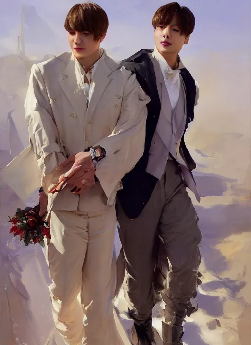 Image similar to jungkook and taehyung of bts getting married in las vegas, jodhpurs hyperborea winter traveler treasure hunter greg manchess painting by sargent and leyendecker, fantasy, medium shot, asymmetrical, intricate, elegant, matte painting, illustration, hearthstone, by rhads, by greg rutkowski, by greg tocchini, by james gilleard, by joe fenton