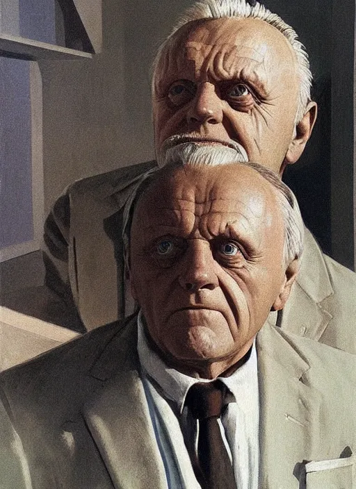 Image similar to Anthony Hopkins with hysterical facial expression at the art deco hospital painting by Edward Hopper and James Gilleard, Zdzislaw Beksinski highly detailed