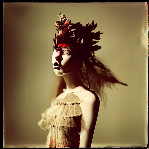 Image similar to kodak portra 4 0 0, wetplate, photo of a surreal artsy dream scene,, girl, weird fashion, grotesque, extravagant dress, photographed by paolo roversi style