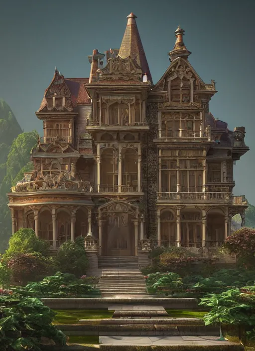 Image similar to a diamond carved mansion on a mystic groove, mysticism, art style by kim jung gi karl marx greg rutkowski ghibli, au naturel, hyper detailed, digital art, trending in artstation, cinematic lighting, studio quality, smooth render, unreal engine 5 rendered, octane rendered