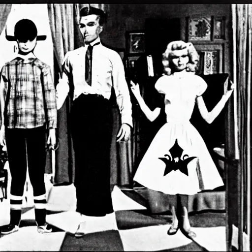Prompt: Satanic States of America, alternate history, 1950s family, goth family, suburbia, suburban living, Stepford home, sitcom screenshot