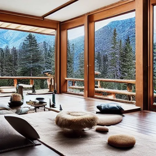 Image similar to “extravagant luxury mountain home, modern rustic, Japanese and Scandinavian influences, at sunrise”