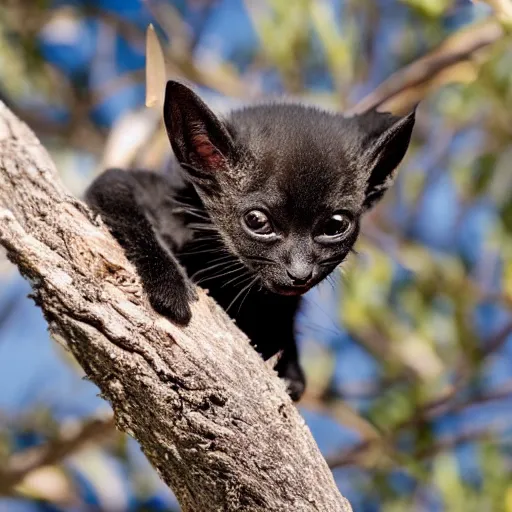 Image similar to a bat kitten, in a tree, 200m f8