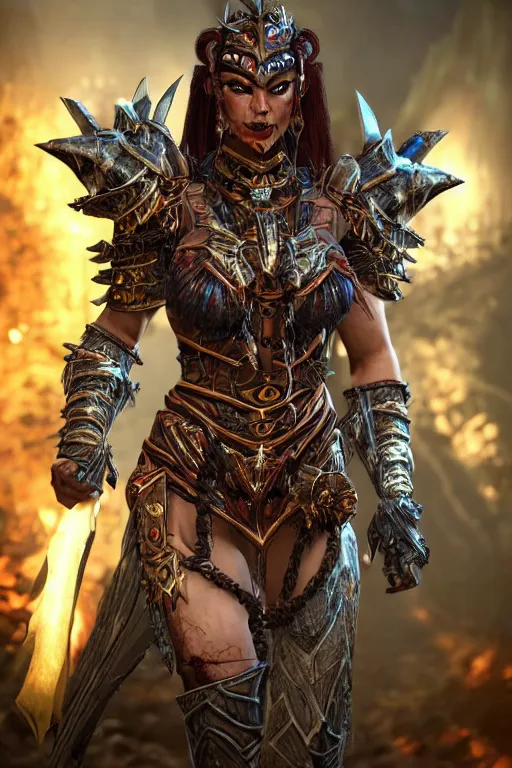 Image similar to beautiful amazonian warrior in demonic armour, diablo 4, ultra detail, upscale, ultra realistic, unreal engine 5