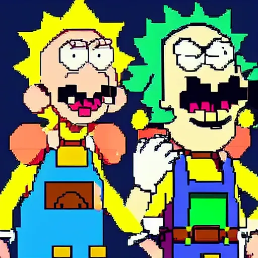 Image similar to Rick and Morty as characters in SNES Super Mario Bros, pixelated, 8bit