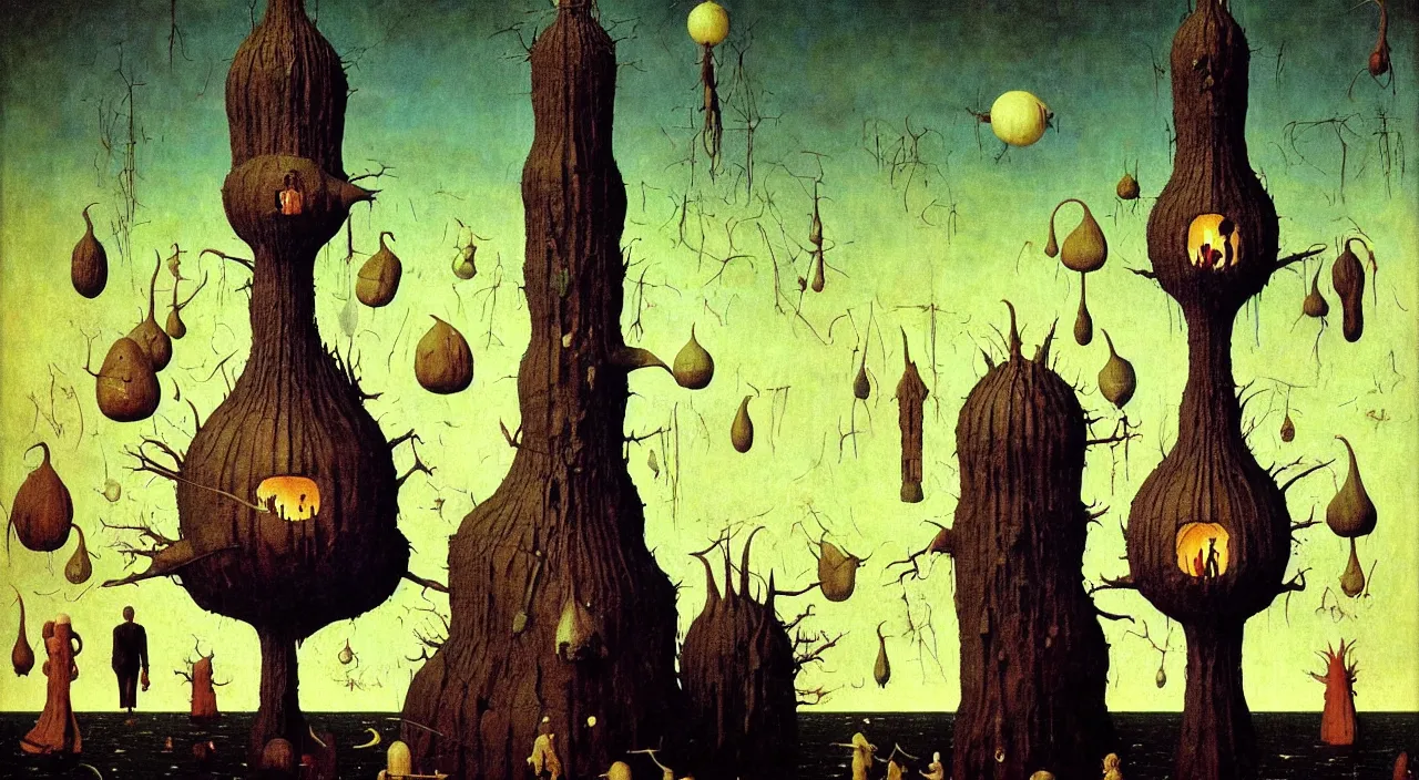 Image similar to single flooded simple!! ( lovecraftian ) gourd tower anatomy, very coherent and colorful high contrast masterpiece by norman rockwell franz sedlacek hieronymus bosch dean ellis simon stalenhag rene magritte gediminas pranckevicius, dark shadows, sunny day, hard lighting