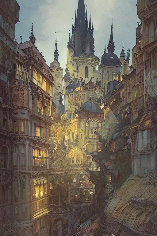 Prompt: a large bell jar covering a tiny model of a city resembling prague, paris, and venice. intricate, elegant, highly detailed, digital painting, artstation, concept art, smooth, sharp focus, colored illustration for tattoo, art by krenz cushart and artem demura and alphonse mucha,