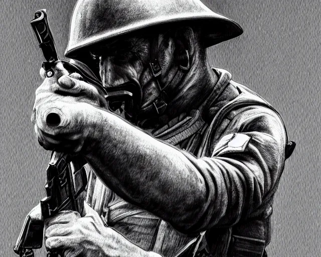 Prompt: A soldier aiming a gun, face in despair, world war 1, close-up, realistic face, beautiful face detail, mature facial features, black and white, amazing digital art, hyper detailed, artstation, in the style of Tony Sart