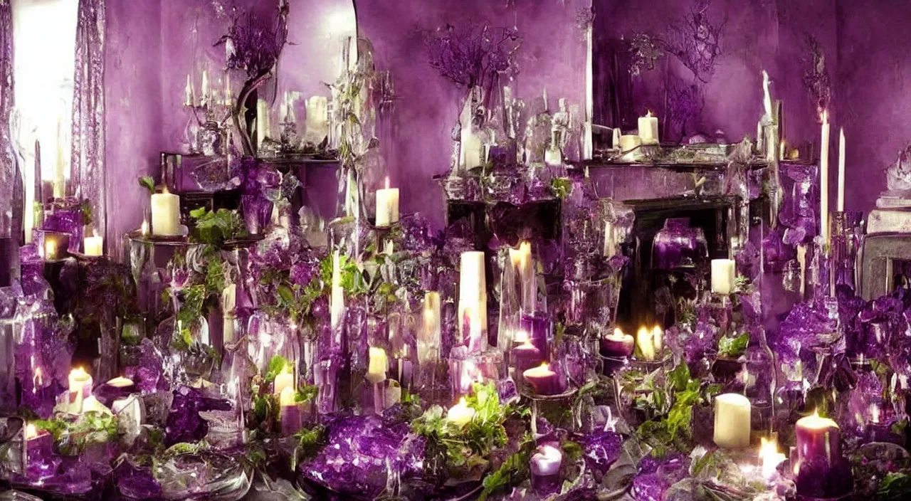 Image similar to cozy old room filled with burning purple and green crystal candles, atmospheric, hyperdetailed