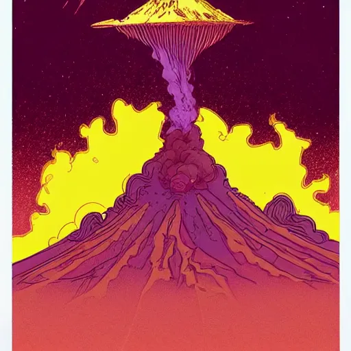 Image similar to a purple dragon blowing green fire fighting a retro spaceship with a volcano in the background, concept art by kilian eng