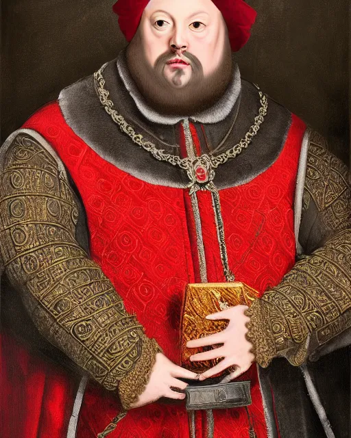 Prompt: fat gray cat with yellow eyes dressed like henry viii, tudor period clothing in red gold and black, greg rutkowski, royal portrait, painting