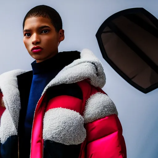 Image similar to realistic! photoshoot for a new balenciaga lookbook, color film photography, portrait of a beautiful woman wearing a puffer jacket, photo in style of tyler mitchell, fisheye lens