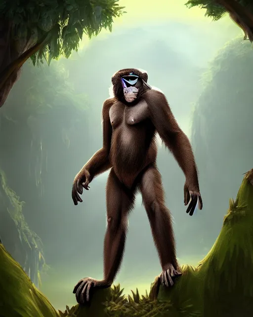 Image similar to fury art, an anthro ape monkey wearing a fantasy armor, jungle background, large cape, 3 d, 8 k, extremely detailed, trending on furaffinity, trending on artstation, award winning, sharp focus, illustration