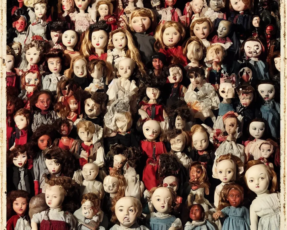 Prompt: a horror movie poster featuring a school full of ceramic dolls