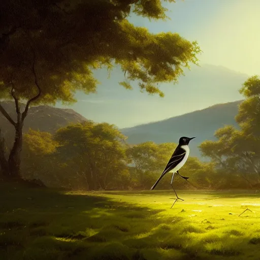 Image similar to wagtail bird in avila, lavandera, river, green fields, summer season, 4 k, midday light, concept art, by wlop, ilya kuvshinov, artgerm, krenz cushart, greg rutkowski, pixiv. cinematic dramatic atmosphere, sharp focus, volumetric lighting, cinematic lighting, studio quality