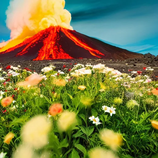 Image similar to photo of a volcano in eruption with a lot of flowers and stars, highly detailled, 4 k