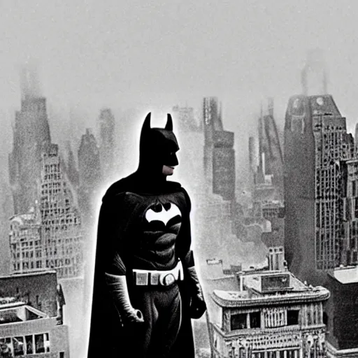 Image similar to old black and white photo, 1 9 1 3, depicting batman from dark knight on top of buildings of new york city, rule of thirds, historical record