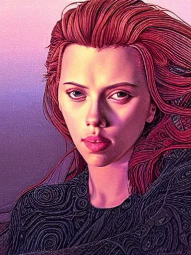 Image similar to a beautiful painting of scarlett johansson by jean giraud moebius, award winning painting, hyperdetailed, detailed