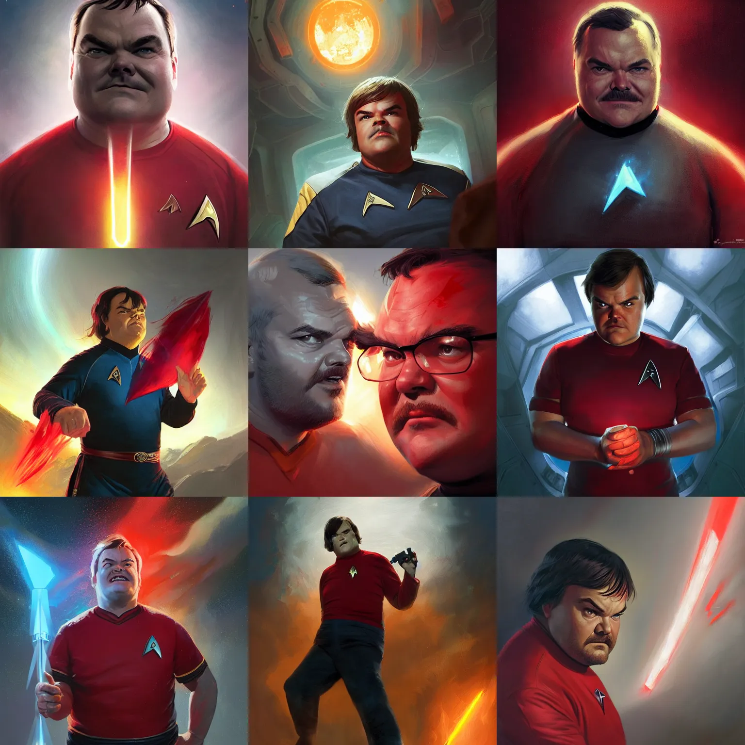 Image similar to graphic novel, jack black in star trek tos, red shirt, sci - fi, dramatic lighting, highly detailed, digital painting, 3 d render, hyper realistic detailed portrait, greg rutkowski, wlop, ruan jia, peter mohrbacher