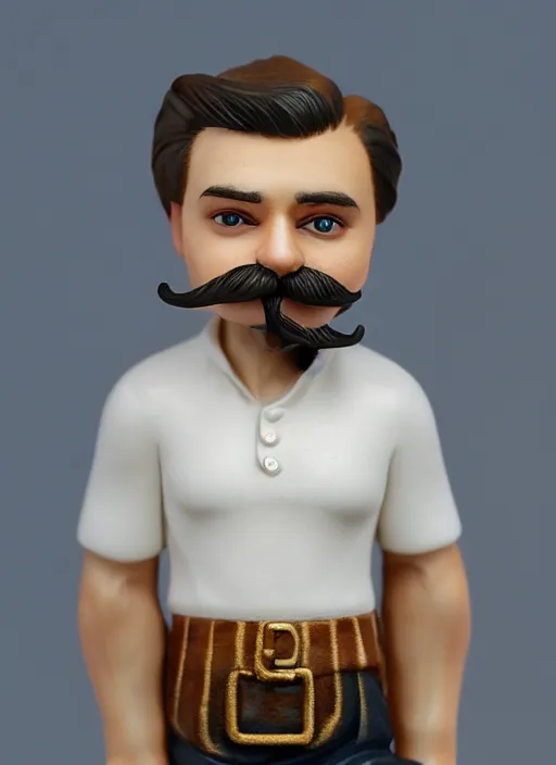 Image similar to 80mm resin detailed miniature of beautiful europenian man with moustache and no beard wearing white t-shirt and holding tabby cat, Product Introduction Photos, 4K, Full body