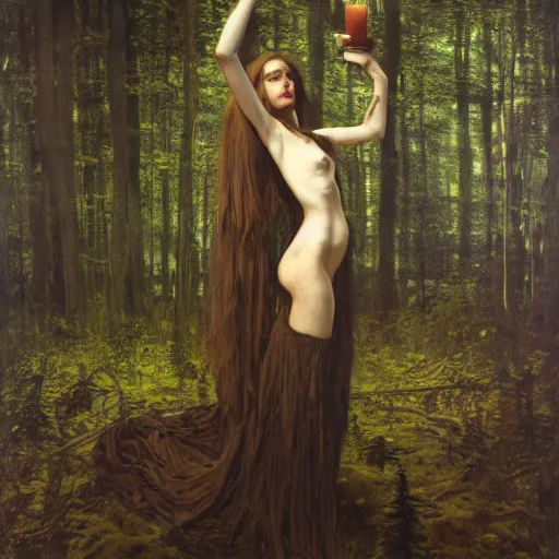 Image similar to the witch standing in the haunted forest | highly detailed oil painting, hyperrealistic, very intrincate | cinematic lighting, award - winning | by roberto ferri, gustav klimt, william waterhouse and tom bagshaw | by austin osman spare and william blake, trending on artstation, cgsociety, official art, octane.