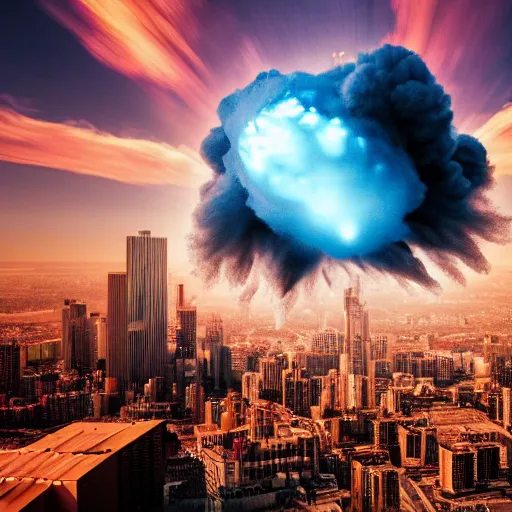 Image similar to centered action photography shot of extremely detailed hyper realistic thermonuclear bomb explosion in a city, professional film photography, 8 k, cinematic framing, cinematic lighting