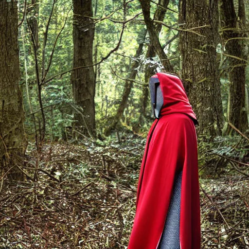 Image similar to medieval cloak wearing anthro lizard, photograph captured in the woods