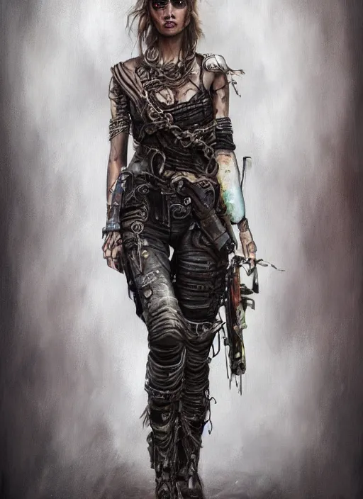 Image similar to detailed full body concept, oil painting of a mad max style female with beautiful face and eyes wearing intricate clothing, soft lighting and focus