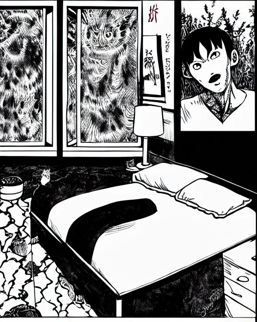 Prompt: three panels of junji ito's 'there's a large, black, shadowy cat under the bed', full width, zoomed out, room shot, first person