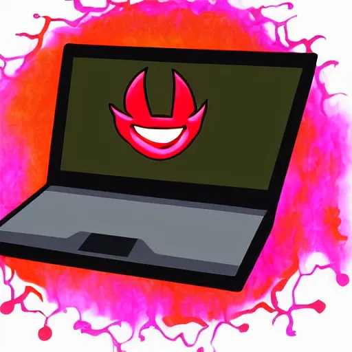 Prompt: a demon programmer using a laptop ~ evil smile ~ lava background ~ digital art ~ two horns ~