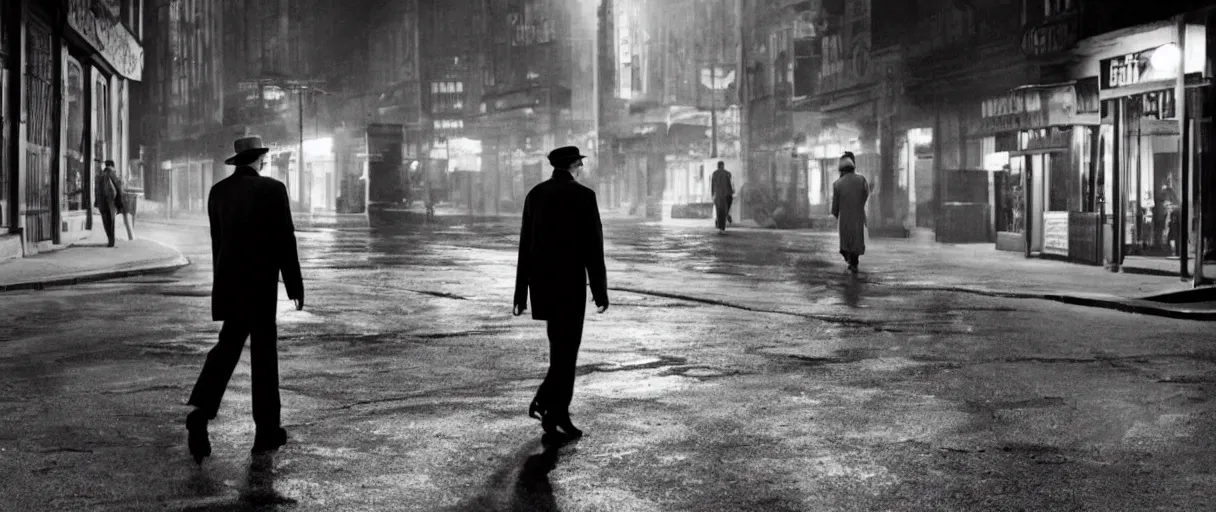 Prompt: a film noir detective walking along a street; extremely detailed; film still