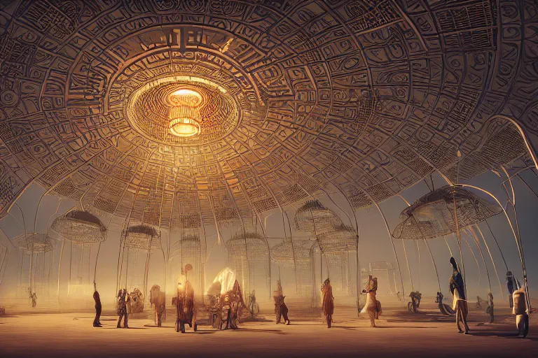 Image similar to symmetrical cinematic, jellyfish victorian pavilion dome, latex rave, steampunk, art deco, burning man, octane render, architecture