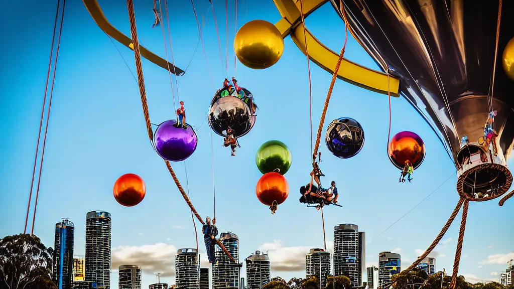 Image similar to large colorful futuristic space age metallic steampunk balloons with pipework and electrical wiring around the outside, and people on rope swings underneath, flying high over the beautiful brisbane in australia city landscape, professional photography, 8 0 mm telephoto lens, realistic, detailed, photorealistic, photojournalism