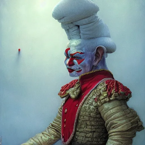 Prompt: vladimir putin, is a jester, circus performance, red clown nose, fantasy 3 d render, masterpiece, by donato giancola and greg rutkowski and wayne barlow and zdzisław beksinski, realistic face