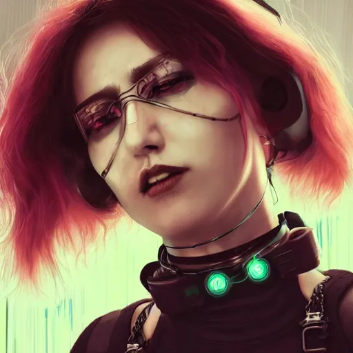 Image similar to realistic female character cyberpunk wearing technological collar around neck, realistic, art, beautiful, 4K, collar, choker, collar around neck, punk, artstation, detailed, female, woman, choker, cyberpunk, punk, collar, choker, collar around neck,