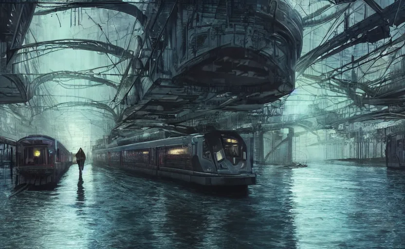 Image similar to An urban train rides inside of a waterway on a fantasy city, hyperrealistic mixed media, stunning 3d render inspired art by P. Craig Russell and Barry Windsor-Smith + perfect facial symmetry + dim volumetric lighting, 8k octane beautifully detailed render, post-processing, extremely hyperdetailed, intricate futuristic mechanic parts, epic composition, grim yet sparkling atmosphere, cinematic lighting + masterpiece, trending on artstation