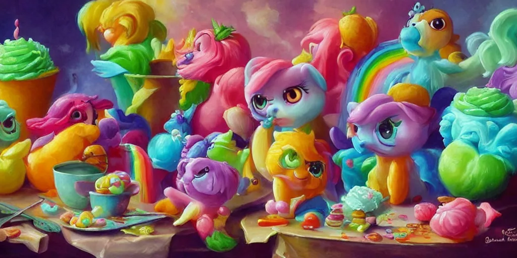 Image similar to rainbow sorbet made in the shape of 3 d littlest pet shop mythical creature, realistic, melting, soft painting, desserts, ice cream, master painter and art style of noel coypel, art of emile eisman - semenowsky, art of edouard bisson