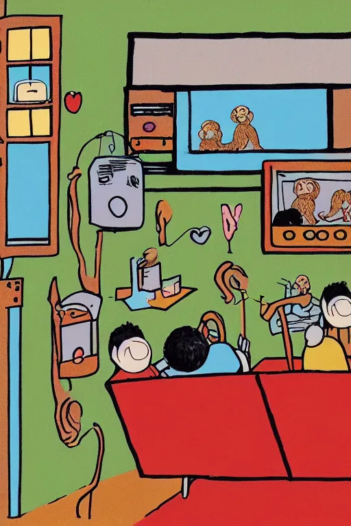 Image similar to an illustration of monkeys watching tv in the style of goodnight moon by margaret wise brown