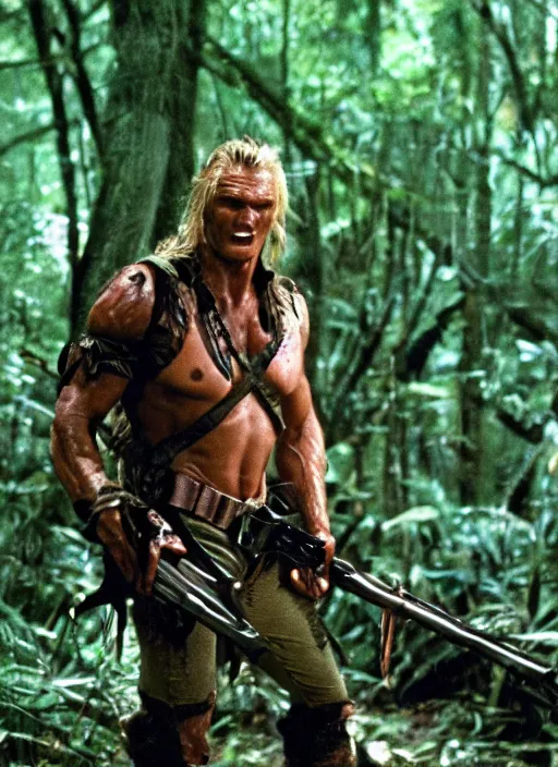 Prompt: film still of Dolph Lundgren as Dutch in Predator, 4k