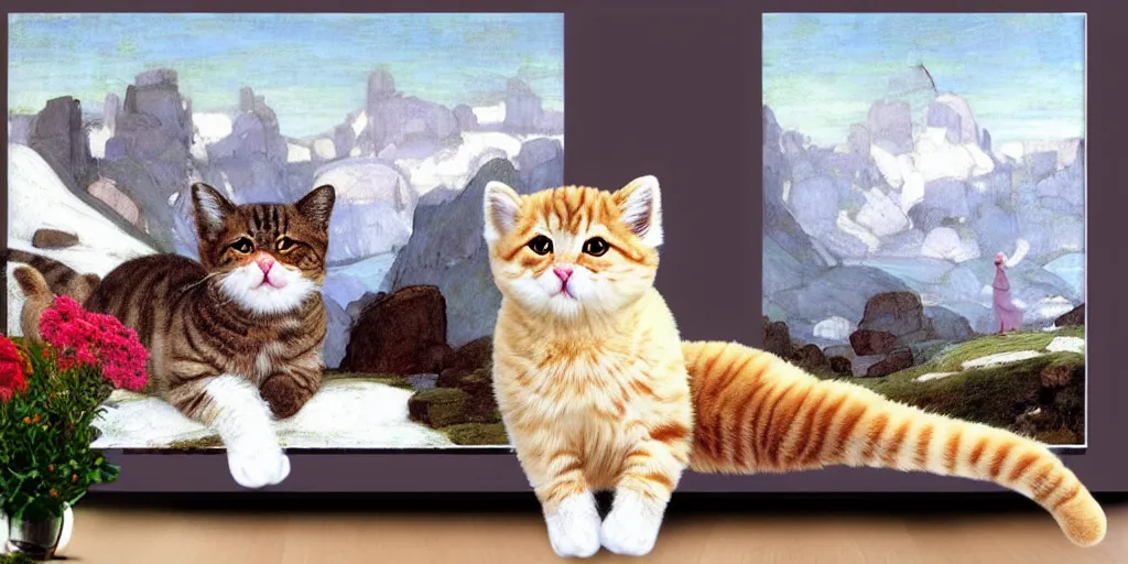 Image similar to 3 d precious moments plush cat with realistic fur, snowy mountain landscape, john william waterhouse color palette, master painter and art style of john william waterhouse and caspar david friedrich and philipp otto runge