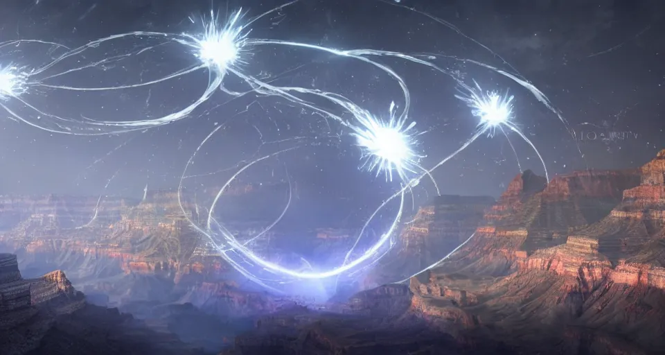 Image similar to night, a lot of people and a spiral - shaped white luminous attractor is floating in grand canyon, concept art, art for the game, professional lighting, art