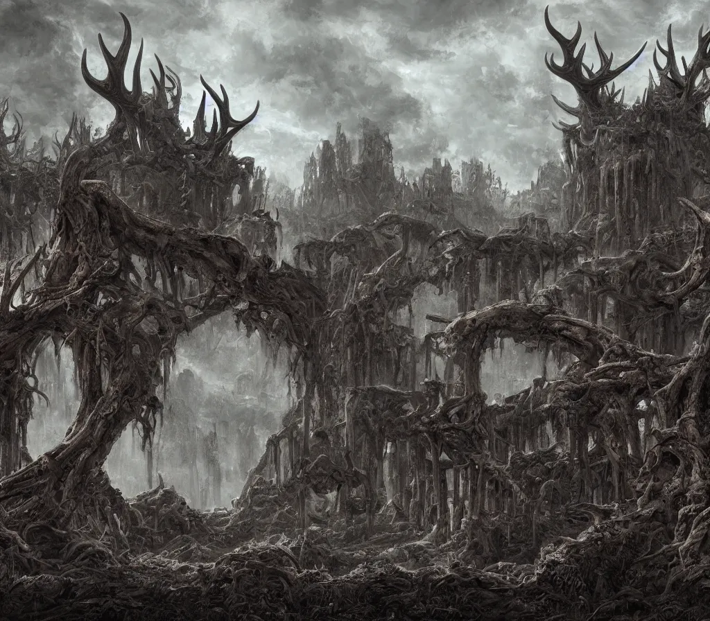 Prompt: a highly detailed painting of ancient ruins in a nightmare landscape of antlers and horns and thorns and massive bare roots all made of stone, ominous, foreboding, evil, hd, concept art, artstation, deviantart
