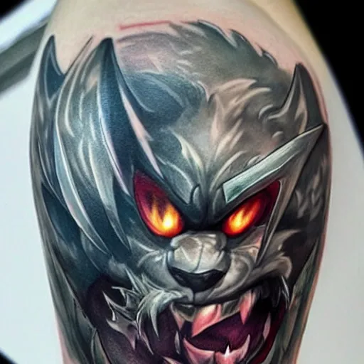 Image similar to a tatoo of rengar from league of legends,